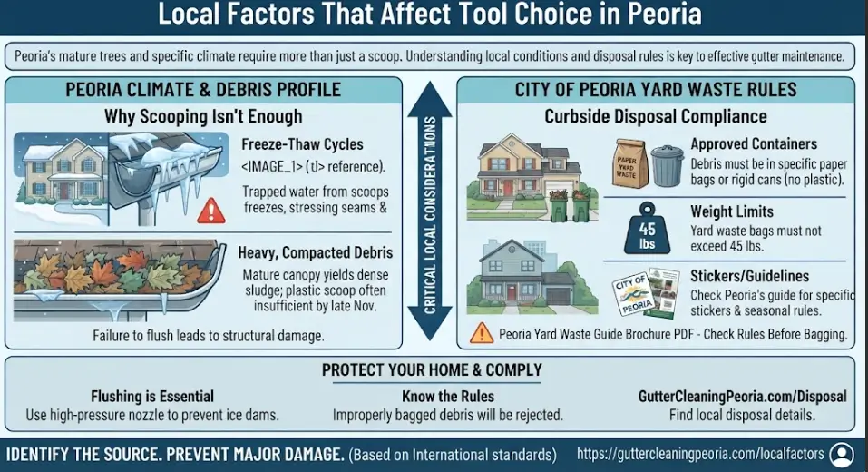A municipal and climate maintenance infographic for Peoria, IL, examining how Central Illinois freeze-thaw cycles, mature tree canopies, and City of Peoria curbside yard waste containerization rules impact tool and disposal choices.