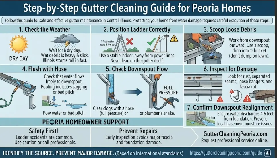 A comprehensive maintenance and safety infographic for Peoria, IL, detailing a seven-step DIY gutter cleaning process from weather checks and ladder placement to flushing, downspout clearing, and foundation drainage realignment.