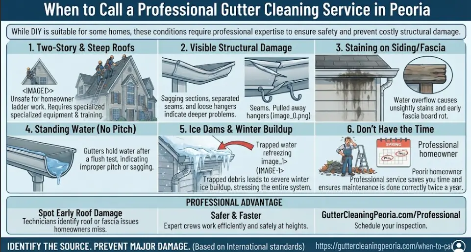 A professional service hiring guide infographic for Peoria, IL, highlighting six key indicators that signal when to call a gutter contractor, including two-story heights, sagging sections, standing water, and winter ice dams.