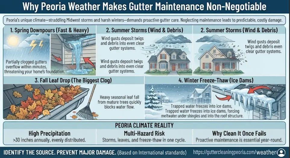 A regional climate impact and maintenance infographic for Peoria, IL, examining how Midwest spring downpours, summer wind storms, autumn oak leaf drop, and winter freeze-thaw cycles make routine gutter care essential.