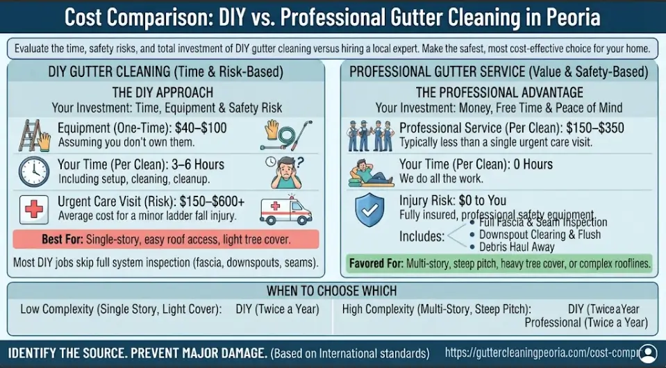 A cost and risk comparison infographic for Peoria, IL, contrasting DIY gutter cleaning equipment expenses and ladder injury risks against professional contractor pricing and comprehensive system inspections.
