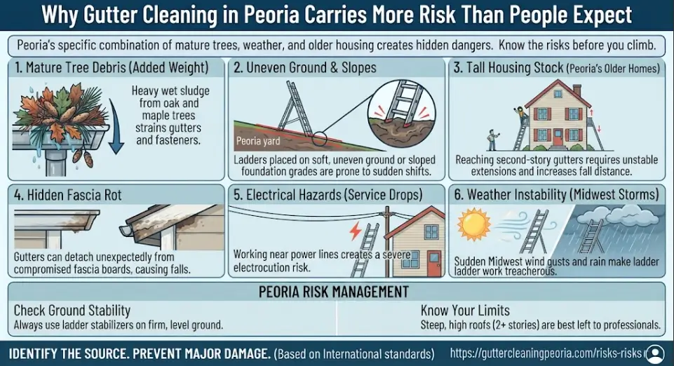 A safety hazard and risk assessment infographic for Peoria, IL, detailing why DIY gutter cleaning carries unexpected dangers—including mature tree debris weight, uneven ground for ladders, tall two-story housing stock, hidden fascia rot, and Midwest weather instability.
