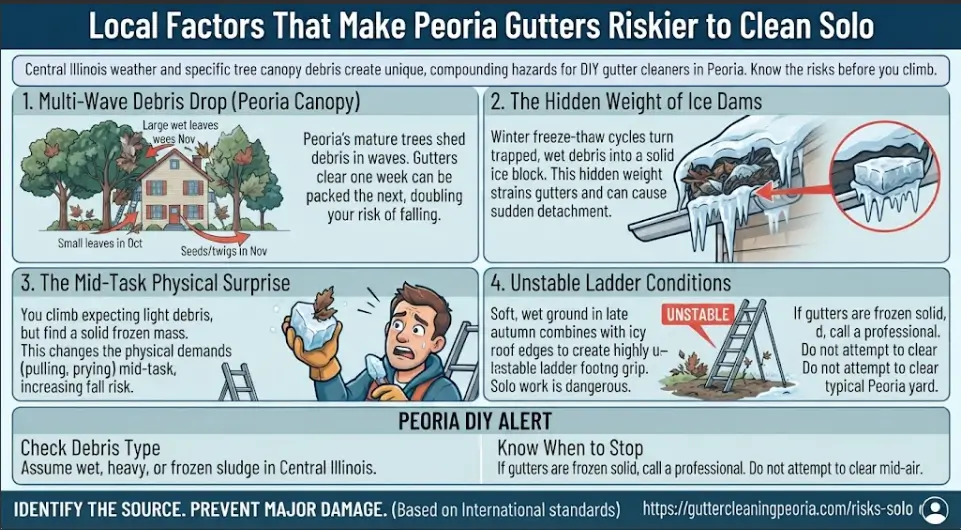 A local climate and canopy risk infographic for Peoria, IL, highlighting why solo gutter cleaning is dangerous due to multi-wave debris drops from oak, maple, and cottonwood trees, hidden ice dam weights, and mid-task physical surprises.