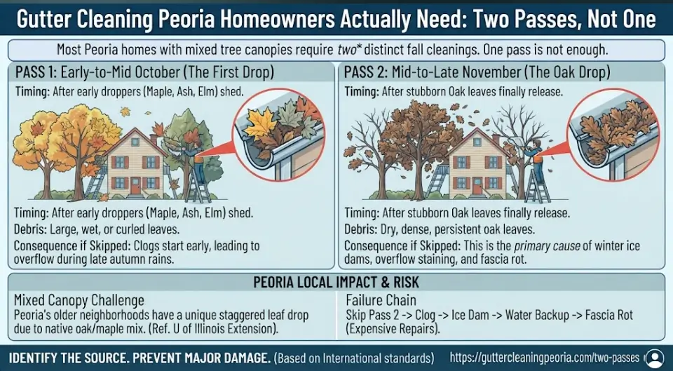 A seasonal gutter cleaning strategy infographic for Peoria, IL, illustrating why homes with mixed oak, maple, and elm canopies require two distinct fall cleanings—Pass 1 in October and Pass 2 in November—to prevent winter ice dams and fascia rot.