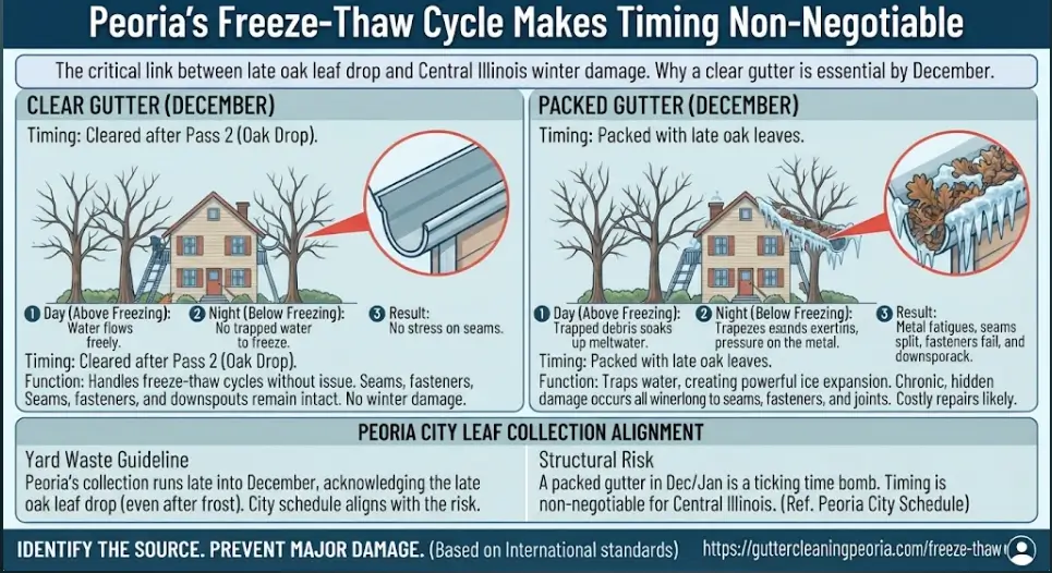 A winter freeze-thaw weather impact infographic for Peoria, IL, comparing a clear December gutter to a packed gutter filled with late oak leaves, illustrating how trapped ice expansion splits seams, strains fasteners, and damages joints.
