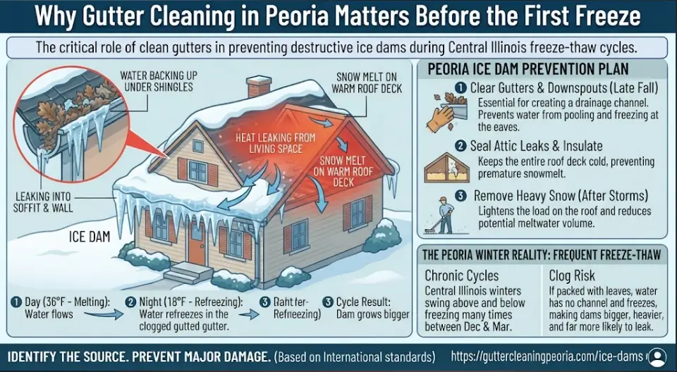An ice dam formation and prevention infographic for Peoria, IL, illustrating how warm attic air melts roof snow, creating meltwater that refreezes at cold eaves into damaging ice dams over clogged, leaf-packed gutters. Gutter cleaning in Peoria