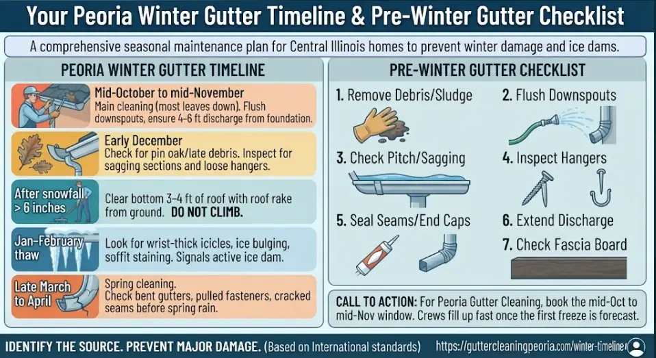 A seasonal winter gutter maintenance timeline and pre-winter inspection checklist infographic for Peoria, IL, detailing key actions from October cleanings and December checks to winter snow raking, thaw inspections, and spring repairs.