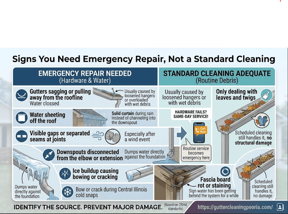 A comparative flowchart illustrating emergency gutter repair triggers (sagging gutters, water sheeting, separated seams, disconnected downspouts, ice damage, fascia rot) versus standard routine cleaning scenarios in Peoria, IL.
