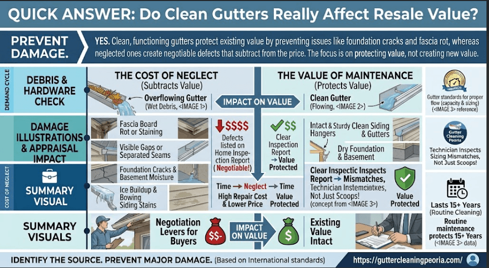 A detailed comparative infographic illustrating how clean gutters protect property value by preventing foundation cracks, fascia rot, and siding stains, versus the high repair costs and reduced resale value resulting from neglect in Peoria, IL.