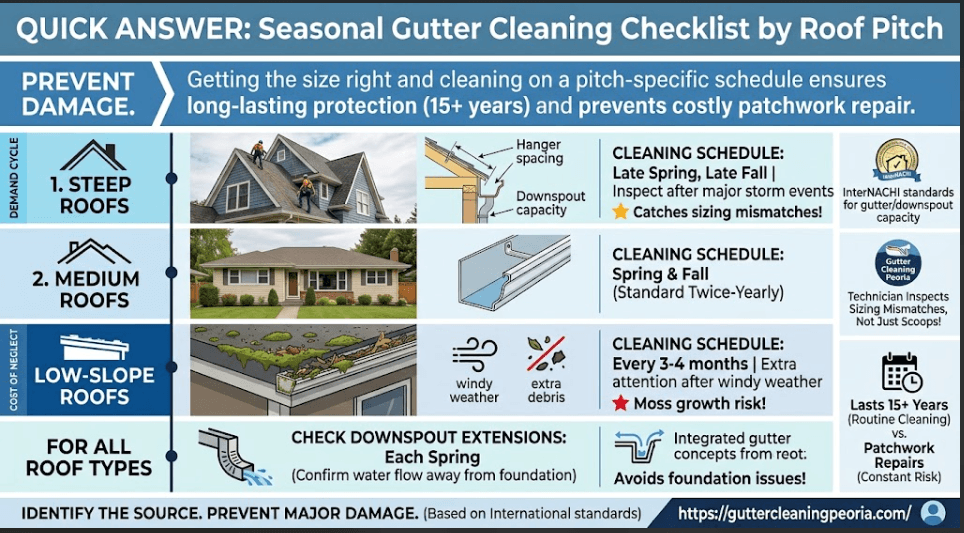 A seasonal gutter cleaning checklist infographic categorizing maintenance schedules for steep, medium, and low-slope roofs in Peoria, including InterNACHI capacity standards and downspout checks.