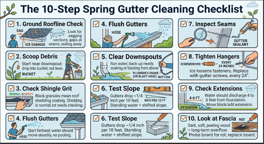 10-step spring gutter cleaning checklist infographic covering ground inspection, debris removal, shingle grit checks, hose flushing, downspout clearing, slope testing, joint sealing, fastener tightening, downspout extensions, and fascia rot inspection.