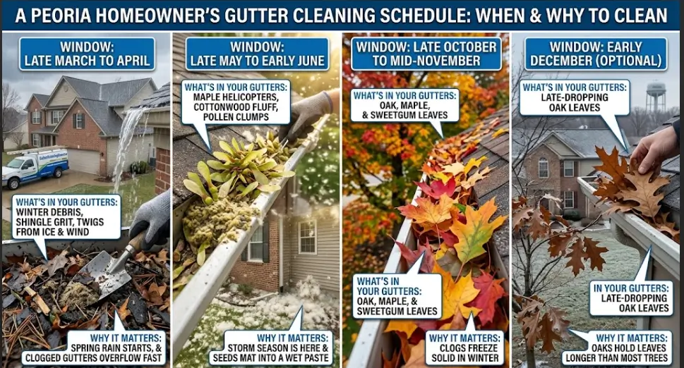 A gutter cleaning calendar infographic for Peoria, IL, detailing four seasonal windows: early spring (late March-April) for winter debris, late spring (late May-early June) for maple seeds, peak fall (late Oct-mid Nov) for leaves, and early December (optional) for late oaks[cite: 27].