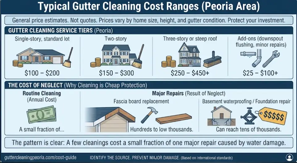 A gutter cleaning cost and pricing tier infographic for Peoria, IL, comparing single-story ($100–$200), two-story ($150–$300), and three-story homes against the high costs of fascia and foundation damage.