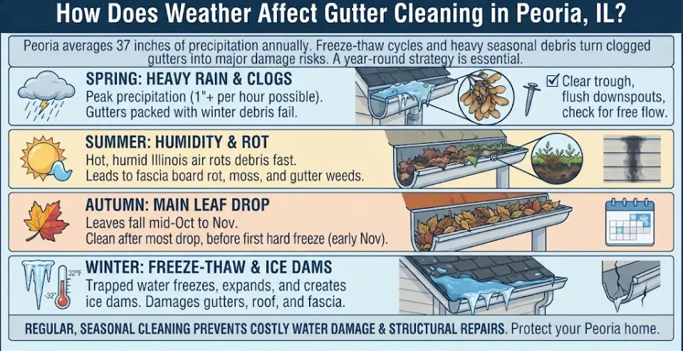 An infographic detailing how central Illinois weather impacts gutter cleaning in Peoria, covering spring heavy rains, summer humidity and rot, autumn leaf drop, and winter freeze-thaw cycles.