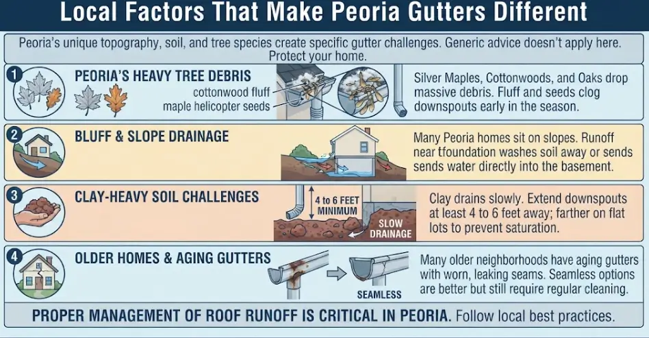 An infographic detailing local factors affecting gutters in Peoria, IL, including heavy tree debris from silver maples and cottonwoods, bluff and slope drainage, clay-heavy soil, and aging gutters in older homes.