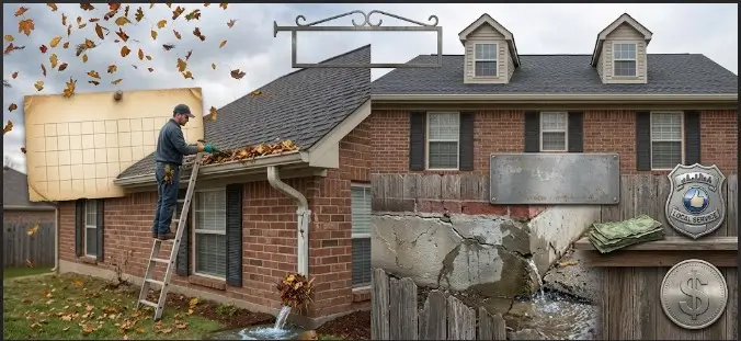 A suburban brick home during autumn surrounded by oak and maple trees, showing fallen leaves filling the roof gutters while water overflows, highlighting the need for seasonal gutter maintenance.