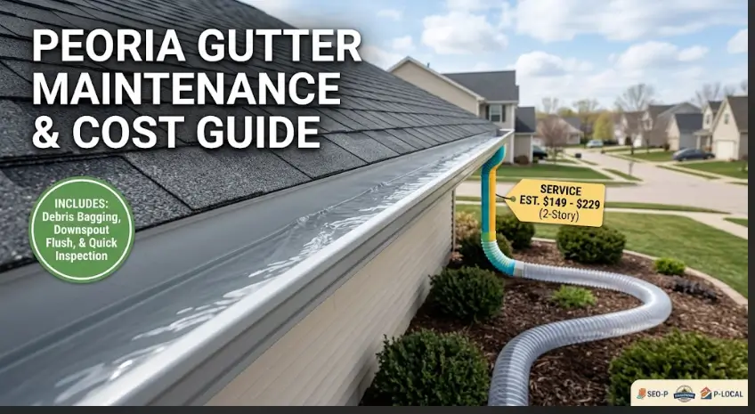 Peoria Gutter Maintenance & Cost Guide banner showing a clean residential gutter with smooth water flow, a downspout extension, and pricing details for local two-story homes.spring gutter cleaning